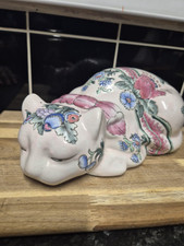 Large Oriental Porcelain decorated sleeping Cat Ornament Figure White Floral