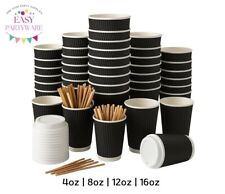 Disposable Black Ripple Cups Triple Wall Black Paper Coffee Cups Reusable Lids