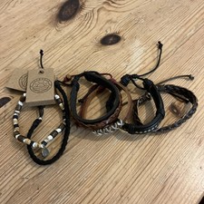 6 Mens New Black/Brown Leather/Wooden/Bead Bracelets Surfer/Boho.