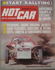 Hot Car magazine December 1971 featuring Ginetta G15 test, Fairthorpe, Turner