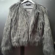 Missguided Grey Fluffy Open Jacket Shaggy Yeti Ladies Overcoat UK8 EUR36 US4