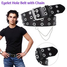 Punk Leather Waist Belt Rivet Eyelet Studded Double Grommet Buckle Chain Unisex