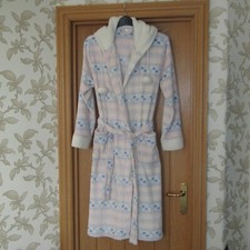 La Marquise ivory pink blue hearts fleece hooded belted dressing gown robe S/M