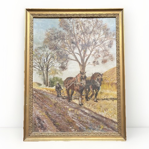 Horses ploughing textured - ploughing, oil
