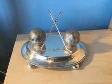 Antique silver plated inkwell standish / Inkstand with a Golfing Theme