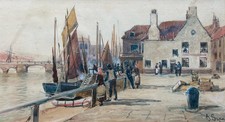 John Syer Whitby Harbour Yorkshire Coast Antique Original Watercolour Painting