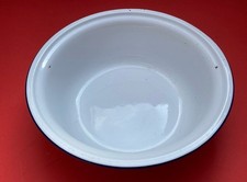 Large Vintage Enamel White Washing Storage  Bowl Blue Rim Border 32cm