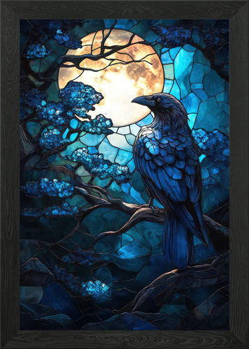 Raven stained glass framed - stained,