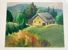 CHARMING VINTAGE OIL PAINTING ON BOARD LOG CABIN IN LANDSCAPE SCENE SIGNED