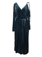 Zara Medium 8-10UK Midi Dress Velvet Forest Green Floral Wrap Cold Shoulder