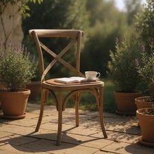 Farmhouse Rustic Cross-Back Dining Chair Elm Wood Rattan Seat Café Bistro Style