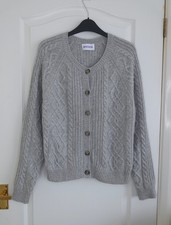 Brora Cashmere Aran Cable Cardigan Size 12 - 14 Grey Knit Buttons Long Sleeve