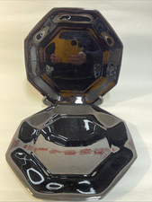 Vintage Set Of 4 French ESSO COLLECTION Black Octagonal Glass Dinner Plates 24.5