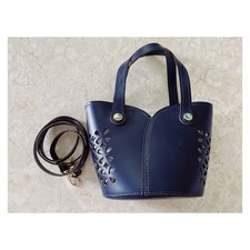 Ripani Navy Blue Top Handle Bucket Bag With Floral Cutout Design Italy