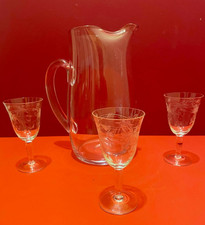 Clear Glass Pitcher Jug with 3 Etched  Sherry Glasses Vintage
