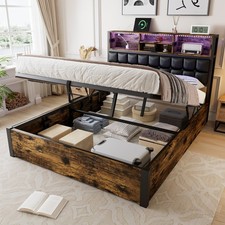 Double Bed 4ft6 Ottoman Lift Up Storage Bed Frame with Storage Headboard & LED