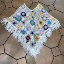 Blue Vanilla Boho Floral Crochet Poncho Tassel Pullover Cover Up S/M 