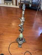 Vintage French CHERUB Rustic Green Onyx Marble & Metal Gold Table lamp