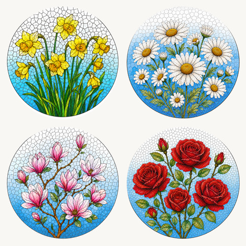 Mosaic flowers glass coasters - mosaic,