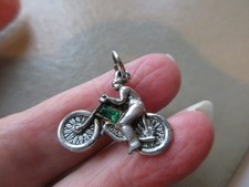 ANTIQUE VINTAGE OLD SILVER TONE TT RACES CRYSTAL MOTOR CYCLE FOB CHARM PENDANT