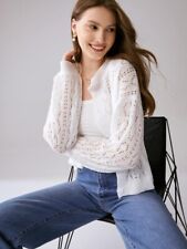 Vintage-Style White Pointelle Knit Kitted French Cardigan