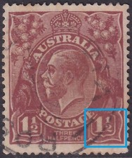 AUST KGV 1½d BROWN SWK. FLAW: NO FRACTION BAR RIGHT VALUE TABLET. USED. (L415)