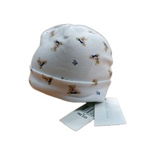 NWT RALPH LAUREN Baby Boy White Cotton Teddy Bear US Beanie Hat O/S Gift layette