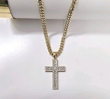 9ct Gold XP Diamanté Cross On 20" Cuban Chain Womens Trinity Gold Cross Pendant 