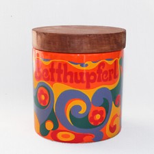 Vintage 1960s Schramberg Germany 'Betthupferl' ceramic storage jar + wooden lid