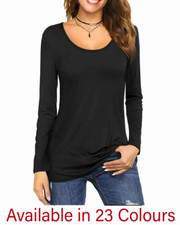 Women's Ladies Long Sleeve Round Scoop Neck Plain Fitted T-Shirt Top Sizes 6- 24