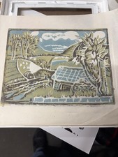 RARE REDUCTION LINO CUT ART BY DIANA CROFT INFLUENCE SOUTH DOWNS UK 11 X 9”FRAME