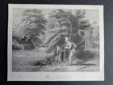Antique 1856 print - Angling - Fishing - "Trying the Tackle"