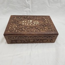 Vintage Indian Hand Carved Wooden Jewellery Box Hinged Inlaid Lid *Read Descrip*
