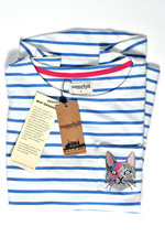 Sugarhill Boutique Striped Top - White Blue Embroided Bowie Cat Organic Size 12