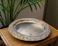 Vintage Chinese Export Silver Plate Oval Tray 17.5x13.5" Repousse Birds Bamboo  
