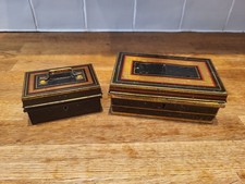 Vintage Metal Tin Money Cash Boxes Lot Black & Gold With Money Tray England