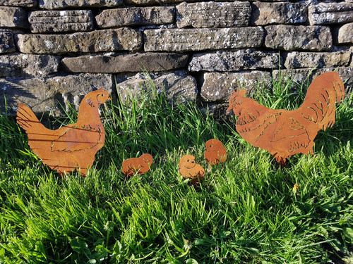 Rusty metal family chickens - family,