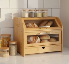 Bamboo Bread Bin 3 Compartment Loaf Double Layer Storage Rack Box With Drawer