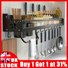 Wall Mounted Kitchen Utensils Pan Pot Hanging Rail Rack 10 Hooks Hanger Shelf