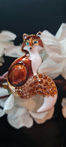 Enamel orange fox - fox, brooch