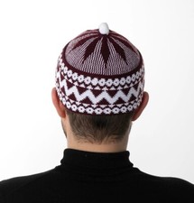 Zigzag Haji Wool  Beanie Cap Islamic Prayer Kashmiri Hat w White Ball Turkish