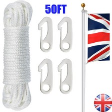 49ft/15M Nylon Flag Rope Flagpole Rope 6mm Thick White  W/4X Clips For Garden UK