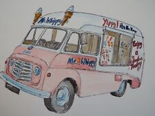 Original pen & ink and watercolour painting of a Mr Whippy pink ice cream van