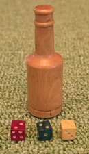 Miniature Wooden Bottle shaped Dice Shaker and 3 Small Dice. 