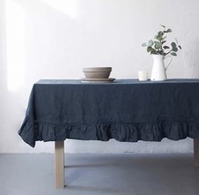 100% Pure Linen 140x200cm/ 55x79”Tablecloth Vintage Ruffled Edges Blue 