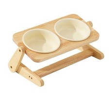 Raised Ceramic Pet Bowls Adjustable Wooden Stand Cream Medium Dog Cat
