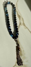 Silver Tassel Blue Tiger's Eye Stones Islamic 33 Prayer Beads Sterling Silver