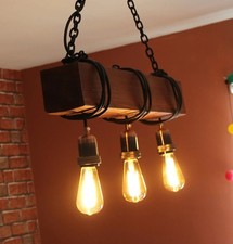 Handmade Rustic Industrial Wooden Ceiling Light – 3 Bulb – Vintage Edison Lamp