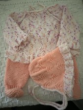 Hand Knitted 3 Piece Pram Set Baby Girls Pink & Peach Jumper Bottoms & Hat 0-3 M