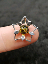 Small Petite Sterling 925 Silver Dark Green Amber Flower Pendant Charm
